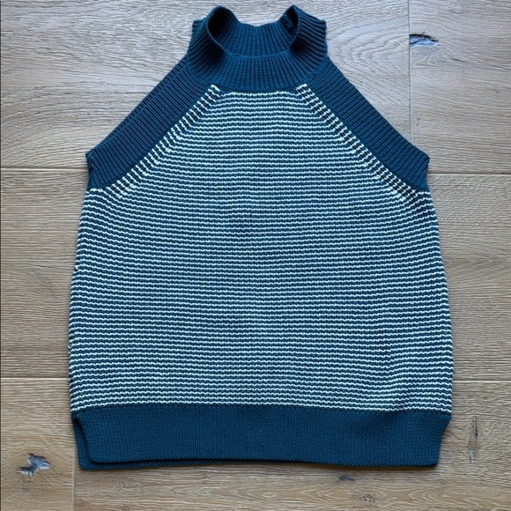 LOFT Teal Blue and White Knit sleeveless Sweater